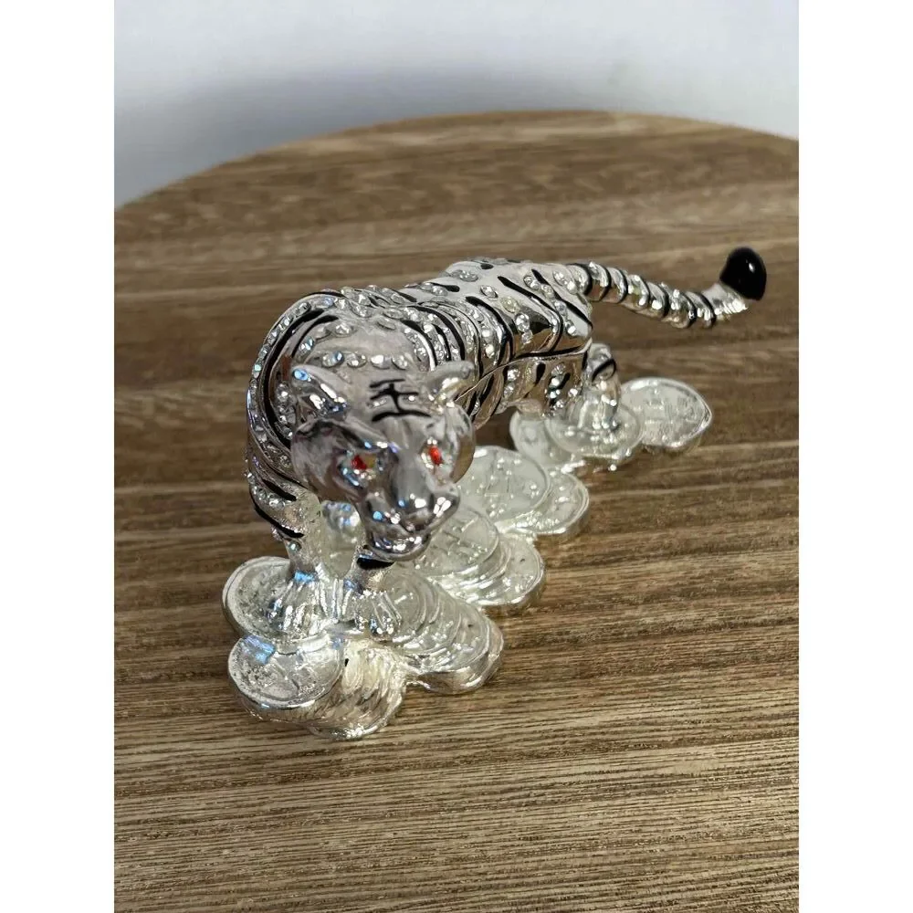 Metal Silver Toned Bejeweled Tiger Trinket Box Crystal‎ Accents Red Eyes